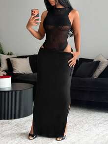 BamGleam Body de malla transparente y calado sexy para mujer, adecuado para fiestas en discotecas durante el verano - Negro - Ver 6