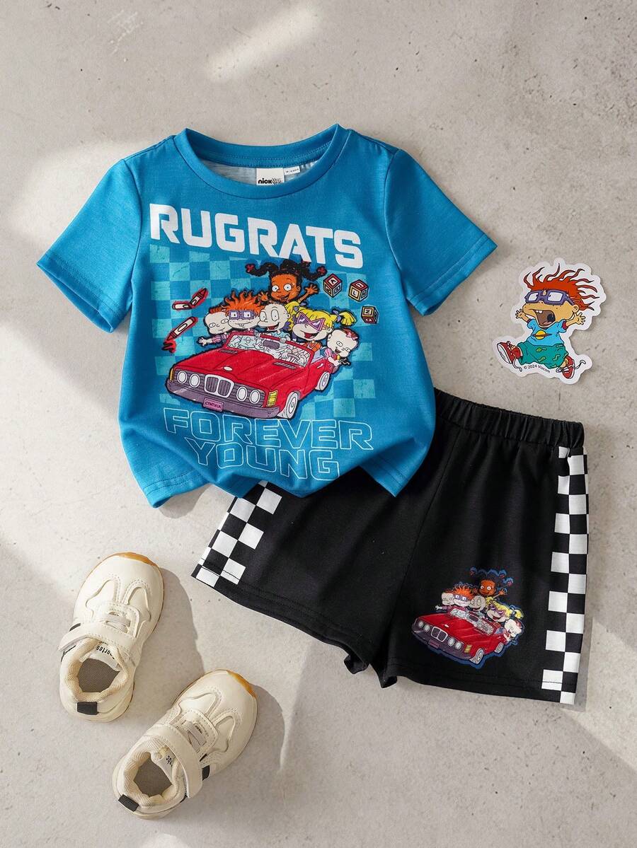 Nick 90s | SHEIN 2pcs/Set Toddler Boys Casual Style T-Shirt Set, Round Neck Short Sleeve Shorts, Comfortable Infant 2-Piece Set, NICK 90s Collaboration - Multicolor - View 1