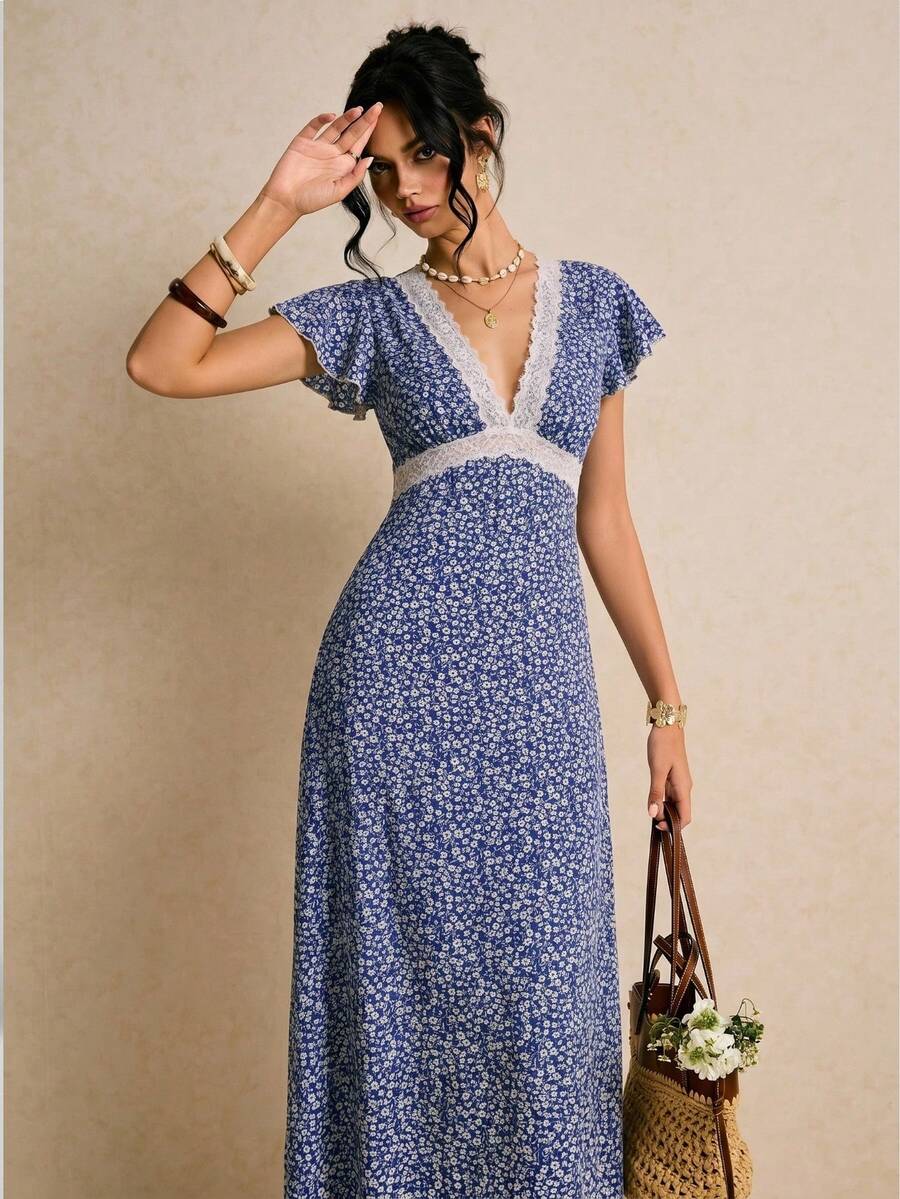 Poéselle Đầm dài cổ ren in chấm bi màu nâu dành cho nữ, thích hợp cho mùa xuân/hè. - Xanh và trắng - Xem 1