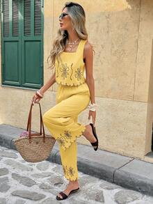 Set de 2 piezas con top con estampado floral y pantalones de pierna ancha, uso diario casual para mujer - Amarillo - Ver 6
