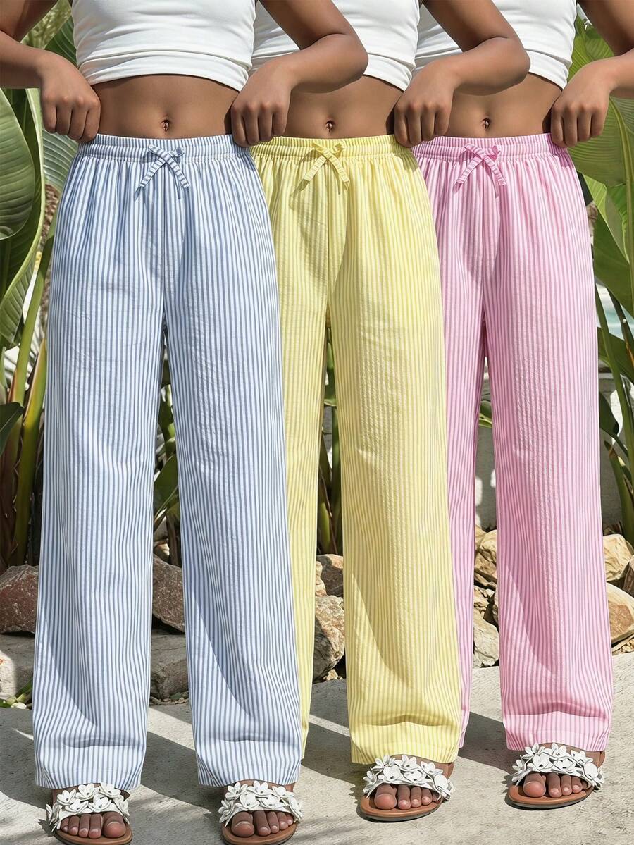 2pcs Girls Casual Vacation Beach Countryside Travel Daily Wear Loose Flared Leg Pants - Multicolor - View 1