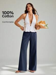 SHEIN Tall Quần ống đứng cạp thấp, chất liệu 100% cotton đã qua xử lý giặt. - Màu xanh hải quân - Xem 7