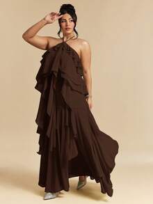 SHEIN BAE Đầm dự tiệc đi biển dáng rộng, dài, màu xanh lá cây, xếp ly, cổ yếm, buộc dây, dành cho người có vóc dáng đầy đặn. - màu nâu - Xem 1