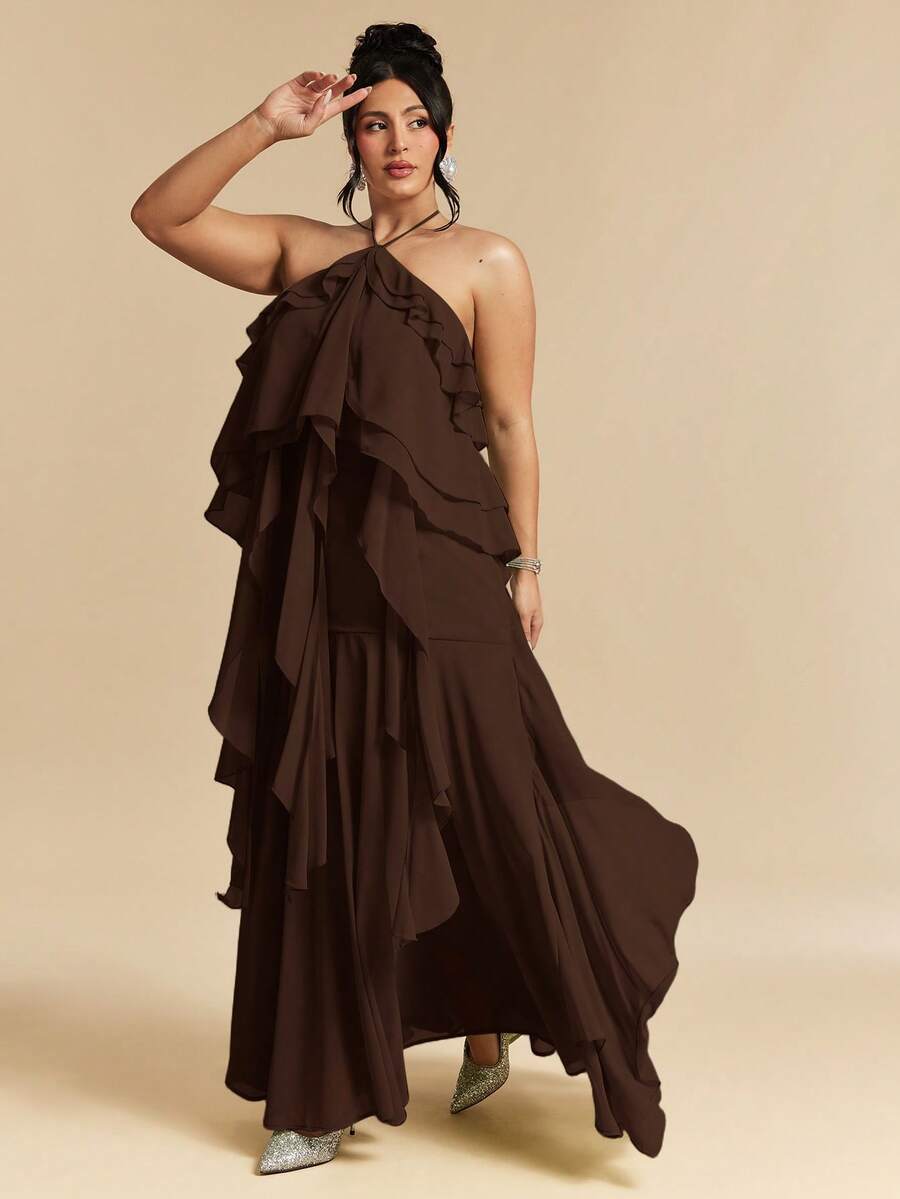 SHEIN BAE Đầm dự tiệc đi biển dáng rộng, dài, màu xanh lá cây, xếp ly, cổ yếm, buộc dây, dành cho người có vóc dáng đầy đặn. - màu nâu - Xem 1