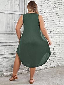 SHEIN CURVE+ Plus Size Women's Solid Color Curved Hem Vest Dress - Green - View 2