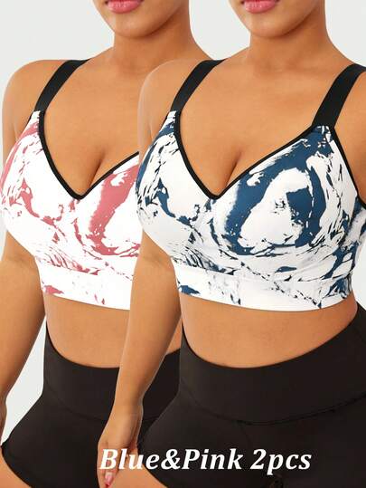 SHEIN Velisys 2pcs/Set Plus Size High Support Sports Bra, Ink Painting Floral Print, Moisture-Wicking, Adjustable Straps, Racerback Design