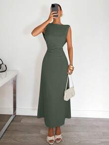 Siren Gaze Vestido con cintura plisada para mujer, vestido con escote pronunciado y espalda descubierta, vestido de oficina elegante y sexy, vestido de vacaciones, único y de moda, para oficina, elegante, sexy, vacaciones, playa, Hawái, temporada de bodas, vestido de graduación, vestido de gala formal para mujer, vestido de cóctel para mujer, cuello drapeado, vestido de cumpleaños para mujer, vestido de novia para mujer, vestido espalda descubierta - Verde - Ver 5
