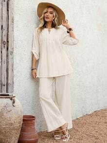 EMERY ROSE Women's Casual Solid Color Notched Neck Loose Top And Wide Leg Pants 2 Pieces Set,Summer Outfits For Women - Beige - View 3