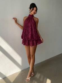 Vestido mini elegante de mujer con cuello halter y lazo en color amarillo claro - Beis - Ver 5