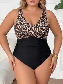 SHEIN CURVE+ 大尺碼女款豹紋拼接連身泳衣，適合海灘度假、度假村、游泳池，黑色豹紋夏季性感款 - 彩色 - 查看 6