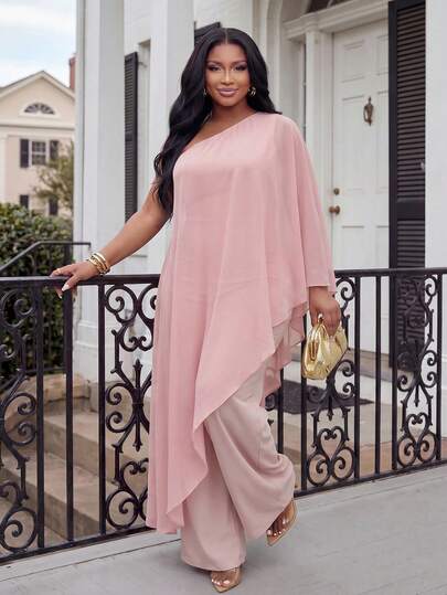 Slaydiva Elegant Summer Jumpsuit For Women, Pink One Shoulder Chiffon Wide Leg One Piece Outfit, Wedding Guest Party Going Out Outfit Ins Hot Style Ladies Formal Streetwear