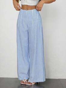 SHEIN PETITE 女士简约休闲时尚返校季复古通勤条纹高腰纹理阔腿裤 - 藍色 - 查看 5