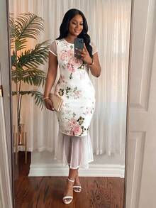 SHEIN Lady CURVE 大码碎花圆领短袖连衣裙 - 彩色 - 查看 8