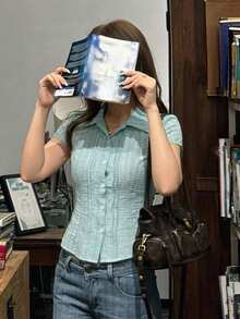 DAZY 女款夏季純色領口修身短袖白色襯衫 - 綠色 - 查看 4