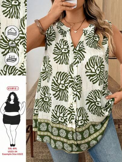 SHEIN CURVE+ 大码女式V领印花休闲百搭日常衬衫