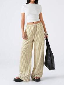 LYSMO Women's Casual Khaki Striped Drawstring Waist Loose Pants - Khaki - View 4