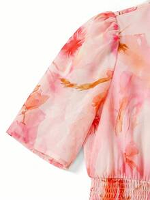 Ellevyn Floral Print Romantic Vacation Dress With Round Neck And Waist Cinching - Pink - View 7