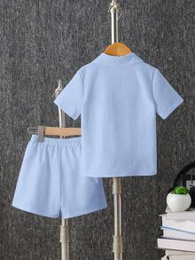 SHEIN Explorewe 2 Stücke Jungen Sommer Casual einfarbiges Poloshirt und Shorts Set, geeignet für Lässig und Urlaubsmode - Babyblau - Übersicht 2