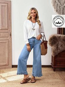 EMERY ROSE Plus Size Women Street Casual Comfortable Mid-Blue Non-Stretch Ruffle Hem Straight Leg Jeans - Light Wash - View 3