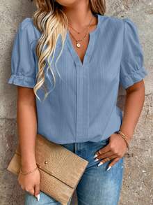 SHEIN Clasi Plus Size Solid Color V-Neck Short Sleeve Raglan Puff Sleeve Blouse - Blue - View 5