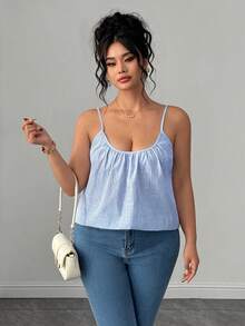 SHEIN LUNE CURVE Rompi Camisole Kasual Bergaris Depan Berkerut, Terbuat dari Campuran Katun, Cocok untuk Semua Musim, Untuk Perjalanan, Liburan, dan Pakaian Elegan untuk Berbagai Acara, Ukuran Plus - Biru - View 5