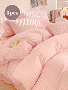Cirelle 3pcs Pink Checkered Quilt Cover Set – Jacquard Textured Super Soft Polyester Bedding, Breathable & Machine Washable (1 Cover + 2 Pillowcases, No Insert), For Double/Queen/King Bed, Student Dorm & Home - Pink - View 3