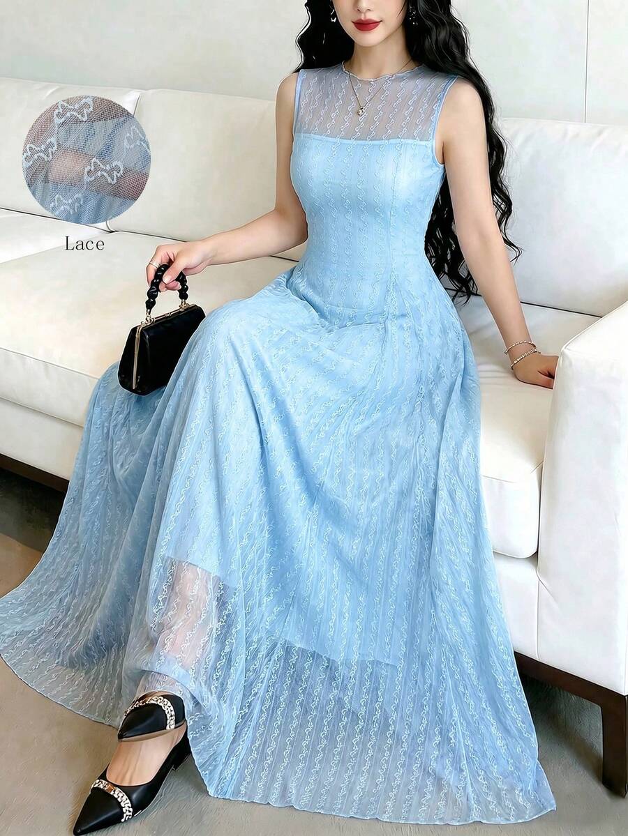 Celisse Đầm dài ngang gối không tay màu xanh dương ren thắt eo dành cho nữ, thanh lịch cho kỳ nghỉ. - Màu xanh nhạt - Xem 1