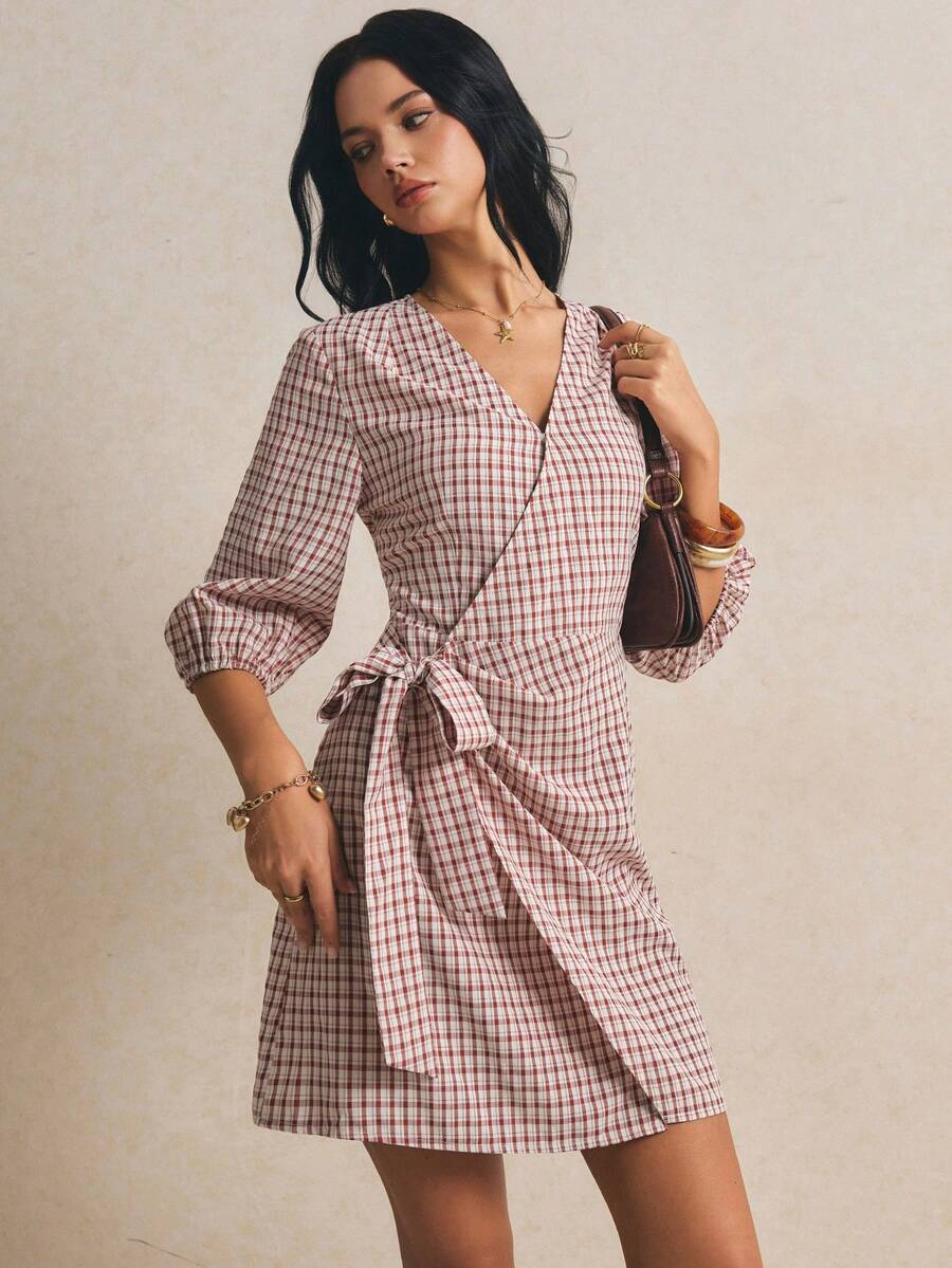 Poéselle 女士格子七分袖侧打结休闲中长连衣裙 - 紅色 - 查看 1
