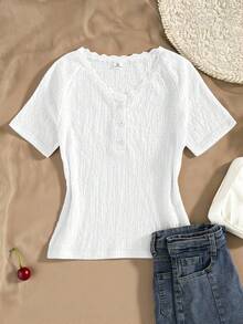 SHEIN Áo thun ngắn tay dáng ôm, đơn giản, cài cúc, thích hợp mặc hàng ngày cho nữ tuổi teen. - trắng - Xem 3