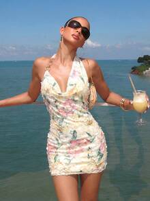 Firerie Women's Elegant Sexy Delicate Romantic Vacation Party Music Festival Date Green Backless Floral Print Bodycon Mini Dress With Metal Decor,Dresses For Women Summer - Apricot - View 5