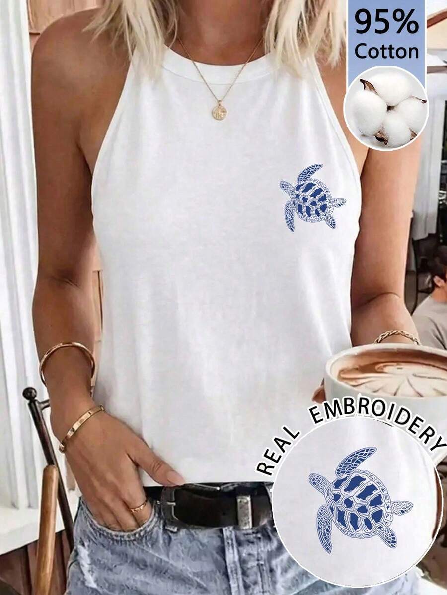 SHEIN LUNE 95% Cotton Women Casual Embroidered Sea Turtle Graphic Tight-Fitting Halter Neck Tank Top, Suitable For Summer - White - View 1