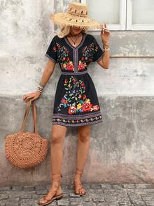 Brillora Đầm nữ mùa hè cổ chữ V in họa tiết retro Mexico. - màu đen - Xem 7