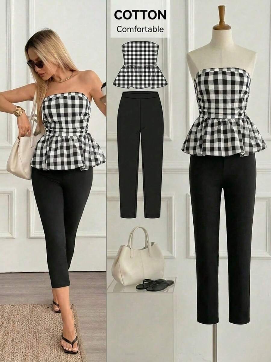 Easowa 2 piezas Conjunto de top halter de algodón a cuadros y pantalones anchos negros para mujer, atuendo de vacaciones para mujer. Top tubo de algodón con volantes a cuadros y blusa fruncida sin mangas de mezcla de algodón con pantalones para uso casual de verano y vacaciones