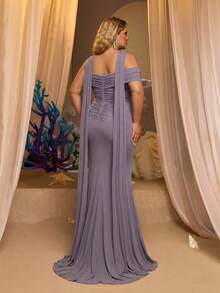 Glamrae Gaun Pesta Malam Formal Musim Dingin Ukuran Besar Warna Ungu, Gaun Pengantin Berpayet Ekor Ikan Asimetris Tanpa Tali dengan Detail Jala dan Lipatan Samping, Model Berkerut, dan Berpilin yang Elegan - Dusty Purple - View 2