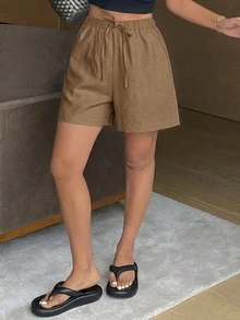 DAZY 女士宽松直筒弹力腰休闲度假短裤，纯色，夏季 - 棕色 - 查看 7