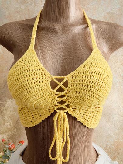 Femesol 2026 New Cross-Border Single Piece, Hand-Crocheted, Solid Color, Elegant Vacation Style Women Knit Party Top