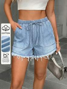 Shorts bajo crudo con bolsillo con parche de cintura con nudo - Lavado ligero - Ver 3