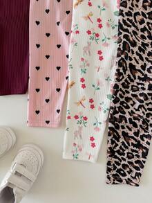 4 piezas Leggings casuales versátiles suaves y lindos para niñas pequeñas con estampados de flores, flores diminutas, corazones y soles, de gran valor, adecuados para juegos de primavera/verano en interiores o exteriores, pantalones con estampados dulces y lindos de colores variados, leggings básicos versátiles para primavera/verano o todas las estaciones - Multicolor - Ver 2