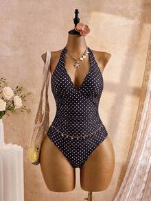 Swim Mod Conjunto de traje de baño de 2 piezas talla grande para mujer, traje de baño de una pieza elegante de verano en blanco y negro con lunares, con diseño de escote en V profundo, combinado con una falda de malla multicapa, adecuado para fiestas en la piscina y la playa - Negro - Ver 7