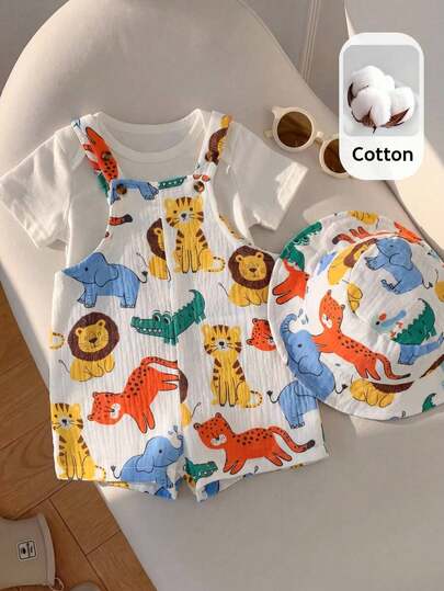SHEIN Set de 2 piezas de babero y gorro con estampado de dibujos animados casual y lindo para bebé recién nacido niño/niña/unisex, para verano