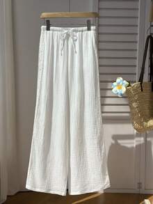 Elamini Quần ống rộng nữ bằng cotton viền ren, kiểu dáng tối giản cho mùa hè, phù hợp cho kỳ nghỉ, phong cách sinh viên. - trắng - Xem 6