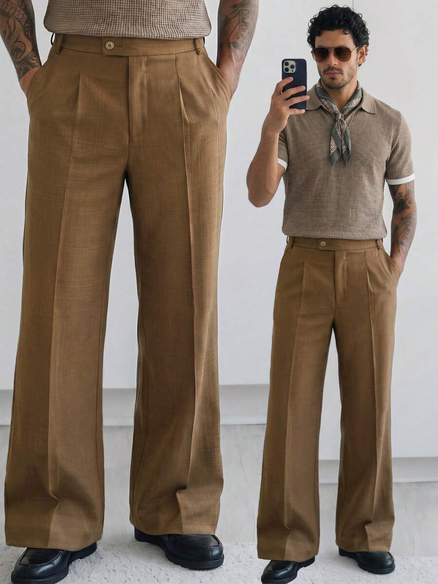 Manfinity Homme 男士休闲纯色直筒裤 - 卡其色 - 查看 1