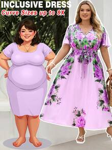SHEIN CURVE+ 大码女士优雅印花交叉领系腰连衣裙，婚礼宾客礼服 - 紫色 - 查看 10
