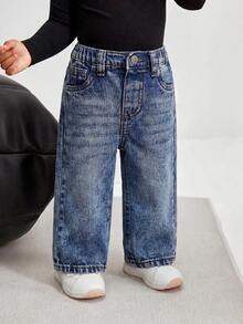 SHEIN Bubblio Quần ống rộng dáng suông màu xanh denim kiểu retro cho bé gái - Rửa trung bình - Xem 6