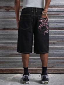 AXEPEAK Pantalones cortos de mezclilla casuales y holgados con bordado floral para hombres - Negro - Ver 6