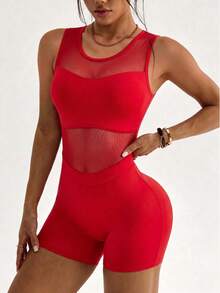 Velisys Velisys 2件組女款運動連身褲，紅黑配色，夏季性感健身款，無袖前片網布拼接、背面V型剪裁，收腹瑜伽跑步網球高爾夫套裝 - 彩色 - 查看 7