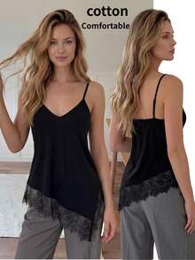 SHEIN LUNE Áo tank top nữ hai dây cổ chữ V không tay, dáng rộng thoải mái, thích hợp mặc mùa hè. - màu đen - Xem 3