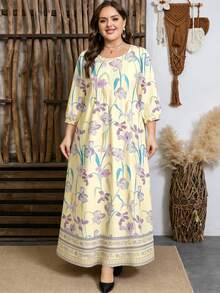 SHEIN Najma 柔黃花卉枝條圖案大尺碼女款洋裝，秋季圓領百褶腰中長版/長版裙，波希米亞休閒哥德風度假早午餐穿搭 - 彩色 - 查看 7