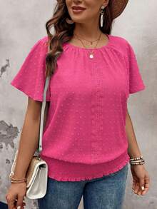 EMERY ROSE Ruffled Hem Elastic Waist Short Sleeve Round Neck Pullover Top, Plus Size Blouse - Hot Pink - View 4