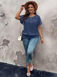 EMERY ROSE Ruffled Hem Elastic Waist Short Sleeve Round Neck Pullover Top, Plus Size Blouse - Dusty Blue - View 3